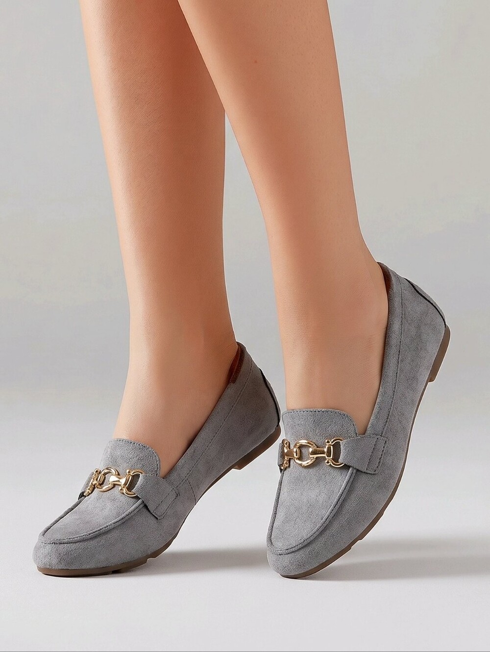 Women's Grey Suede Loafers with Gold Chain Accent